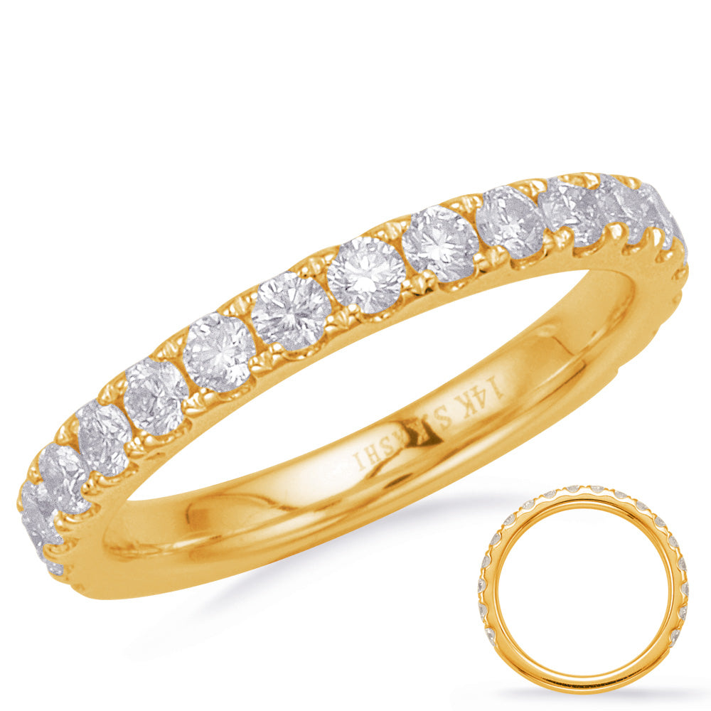 This Band is available in 14K Yellow Gold. There are a total of 19 stones. There are Round with a total carat weight of 0.8 set in a Micro Prong setting.