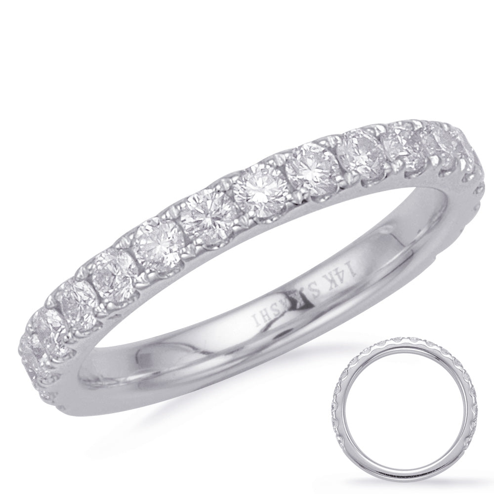 This Band is available in 14K White Gold. There are a total of 16 stones. There are Round with a total carat weight of 0.91 set in a Micro Prong setting.
