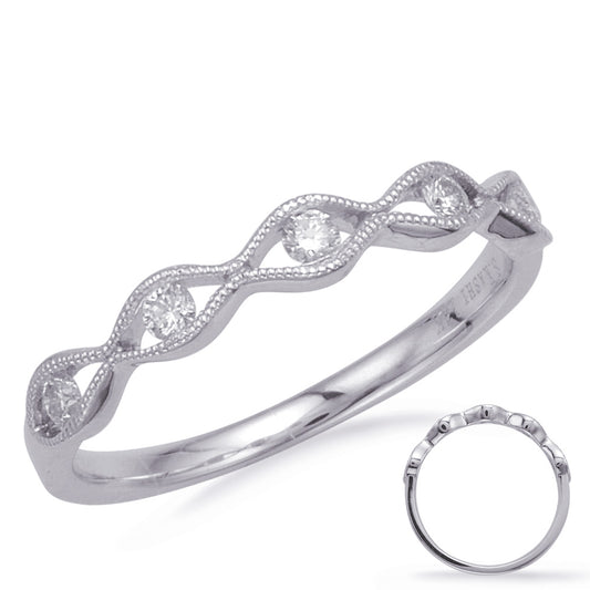 This Band is available in 14K White Gold. There are a total of 5 stones. There are Round with a total carat weight of 0.16 set in a Channel Set setting.