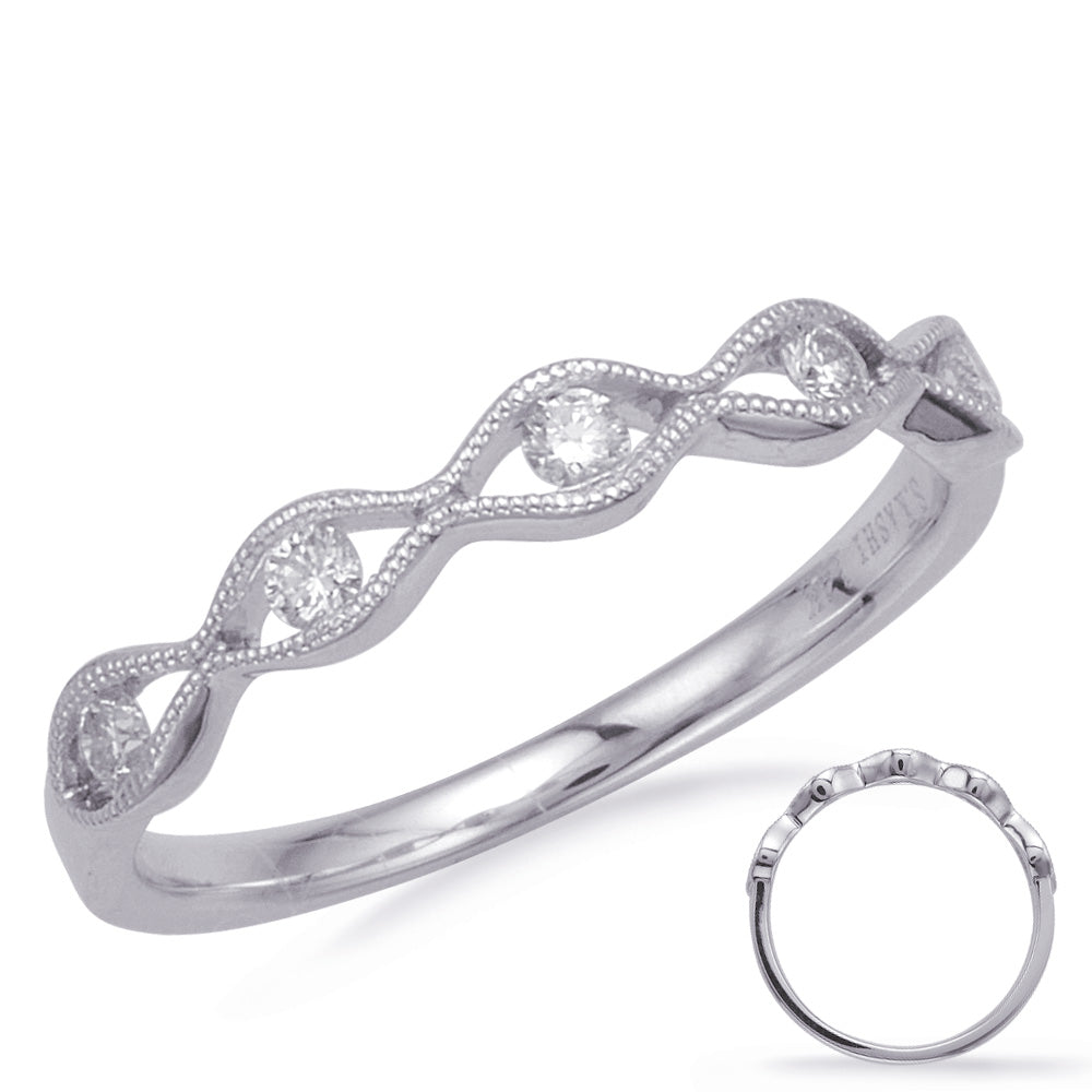 This Band is available in 14K White Gold. There are a total of 5 stones. There are Round with a total carat weight of 0.16 set in a Channel Set setting.