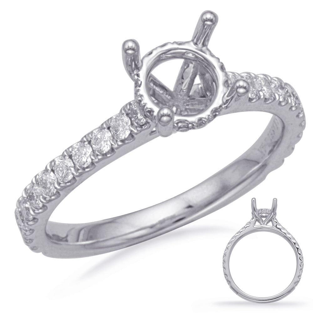 This Engagement Ring  is available in 14K White Gold. There are a total of 38 stones. There are Rounds with a total carat weight of 0.62 set in a Micro Prong setting.