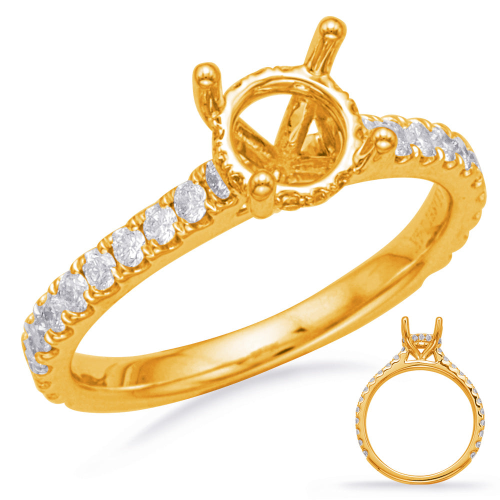 This Engagement Ring  is available in 14K Yellow Gold. There are a total of 38 stones. There are Rounds with a total carat weight of 0.62 set in a Micro Prong setting.