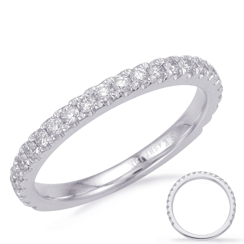 This Band is available in 14K White Gold. There are a total of 25 stones. There are Round with a total carat weight of 0.44 set in a Micro Prong setting.