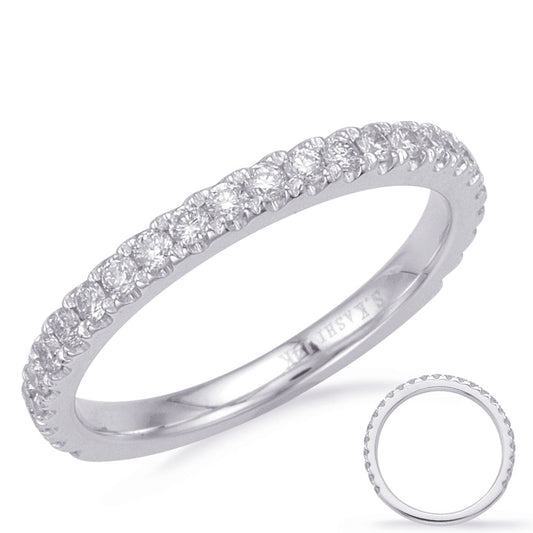 This Band is available in 14K White Gold. There are a total of 25 stones. There are Round with a total carat weight of 0.44 set in a Micro Prong setting.