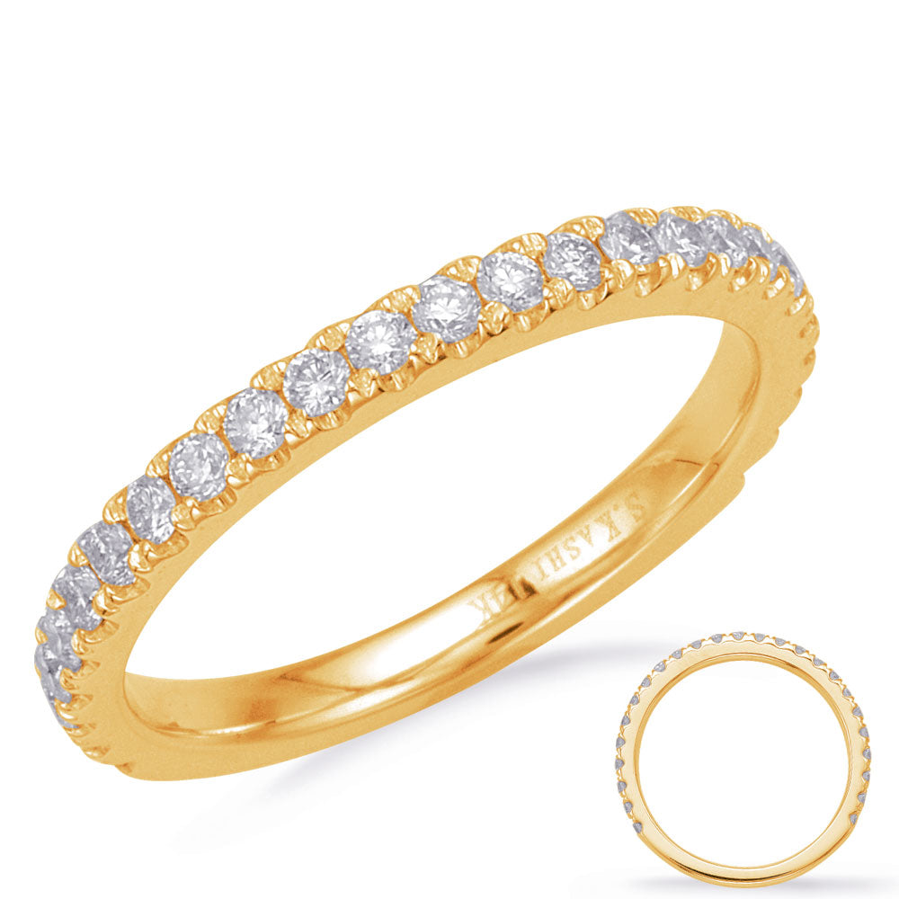 This Band is available in 14K Yellow Gold. There are a total of 27 stones. There are Round with a total carat weight of 0.37 set in a Micro Prong setting.
