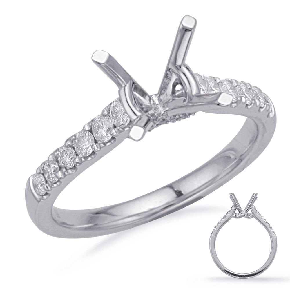 This Engagement Ring  is available in 14K White Gold. There are a total of 26 stones. There are Rounds with a total carat weight of 0.39 set in a Micro Prong setting.