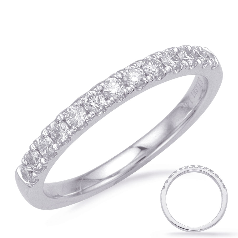 This Band is available in 14K White Gold. There are a total of 13 stones. There are Round with a total carat weight of 0.34 set in a Micro Prong setting.