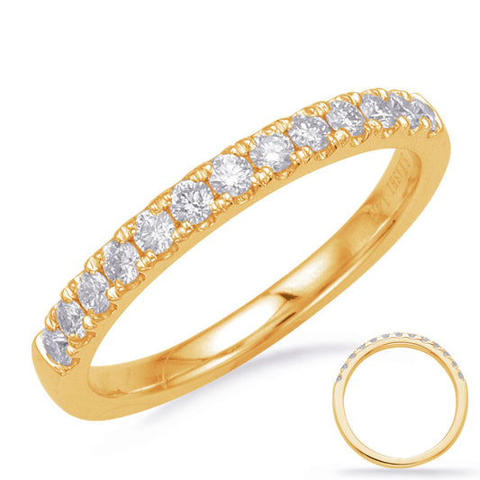 This Band is available in 14K Yellow Gold. There are a total of 13 stones. There are Round with a total carat weight of 0.41 set in a Micro Prong setting.