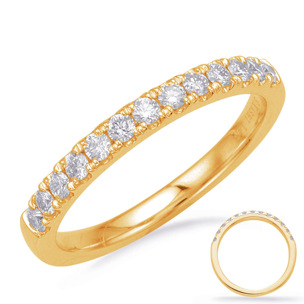 This Band is available in 14K Yellow Gold. There are a total of 13 stones. There are Round with a total carat weight of 0.41 set in a Micro Prong setting.