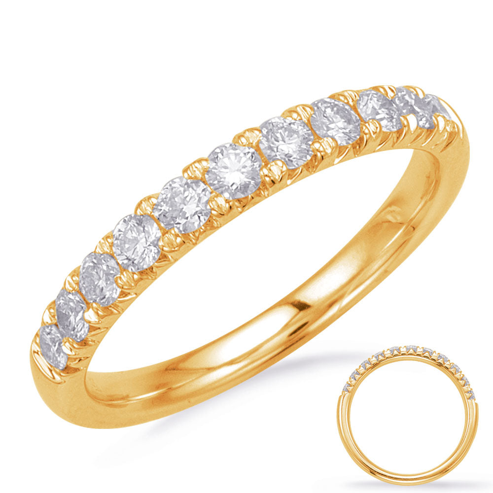 This Band is available in 14K Yellow Gold. There are a total of 11 stones. There are Round with a total carat weight of 0.47 set in a Micro Prong setting.