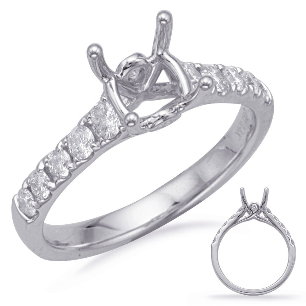 This Engagement Ring  is available in 14K White Gold. There are a total of 12 stones. There are Rounds with a total carat weight of 0.46 set in a Channel Set|Micro Prong setting.