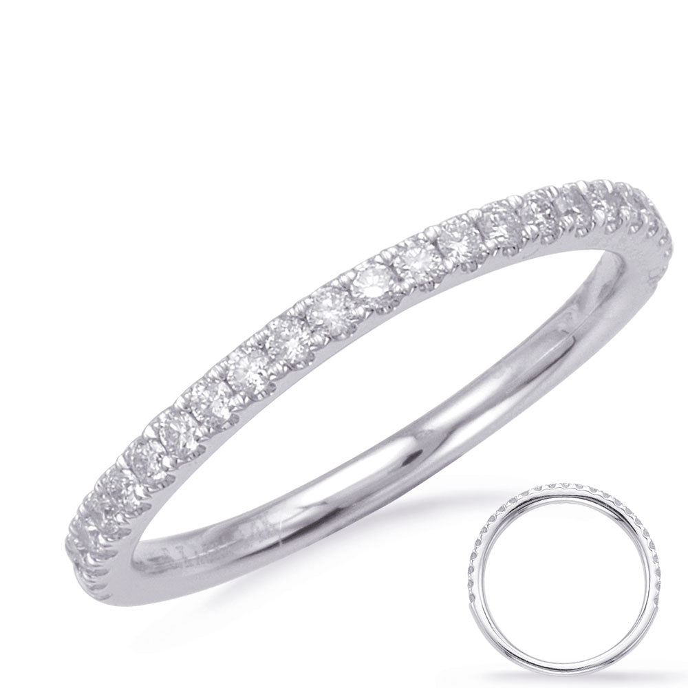 This Band is available in 14K White Gold. There are a total of 25 stones. There are Round with a total carat weight of 0.26 set in a Micro Prong setting.