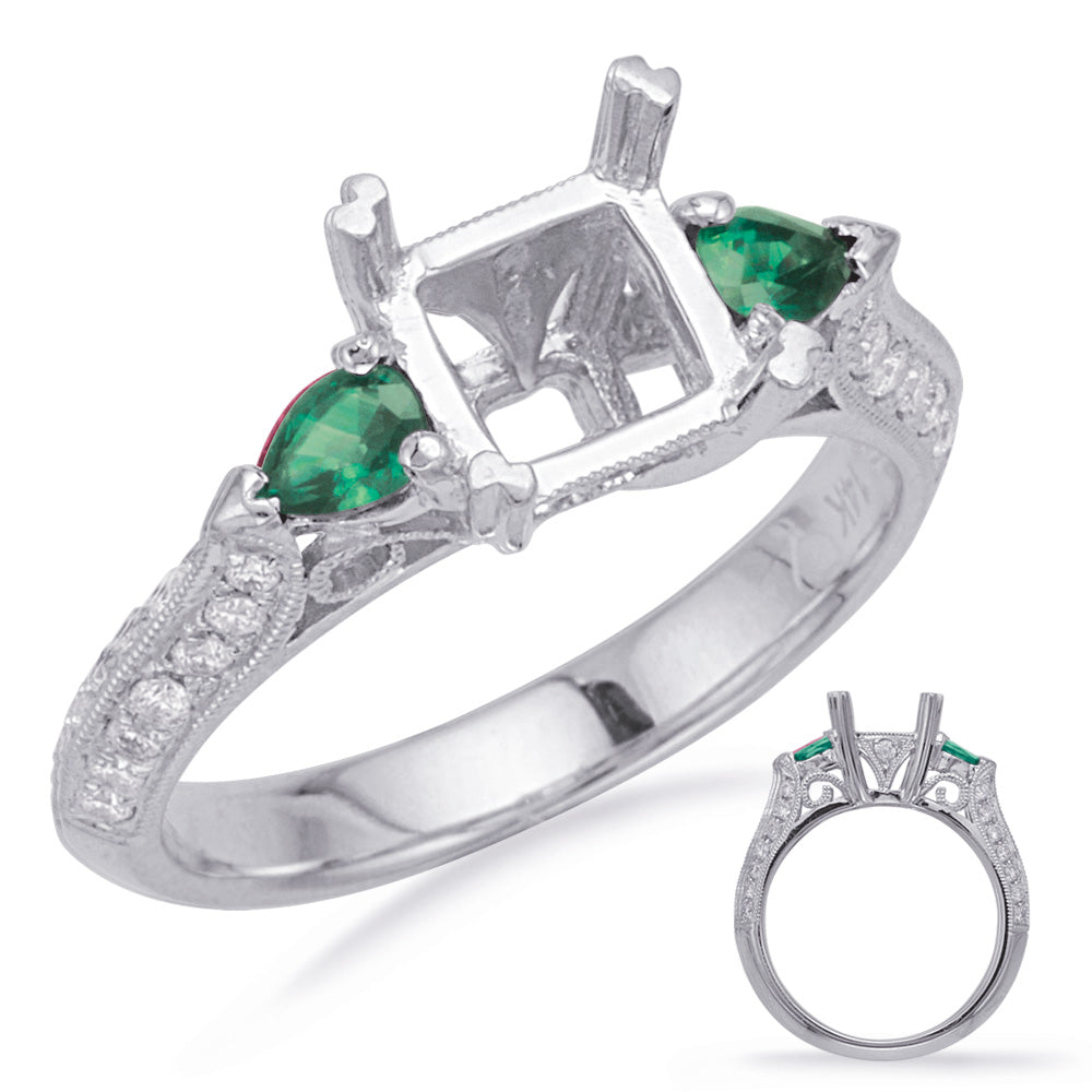 This Engagement Ring  is available in 14K White Gold. There are a total of 32 stones. There are Emerald with a total carat weight of 0.35 set in a Micro Pave|Micro Prong setting.There are Rounds stones with a total carat weight of 0.27 set in a Micro Pave|Micro Prong.