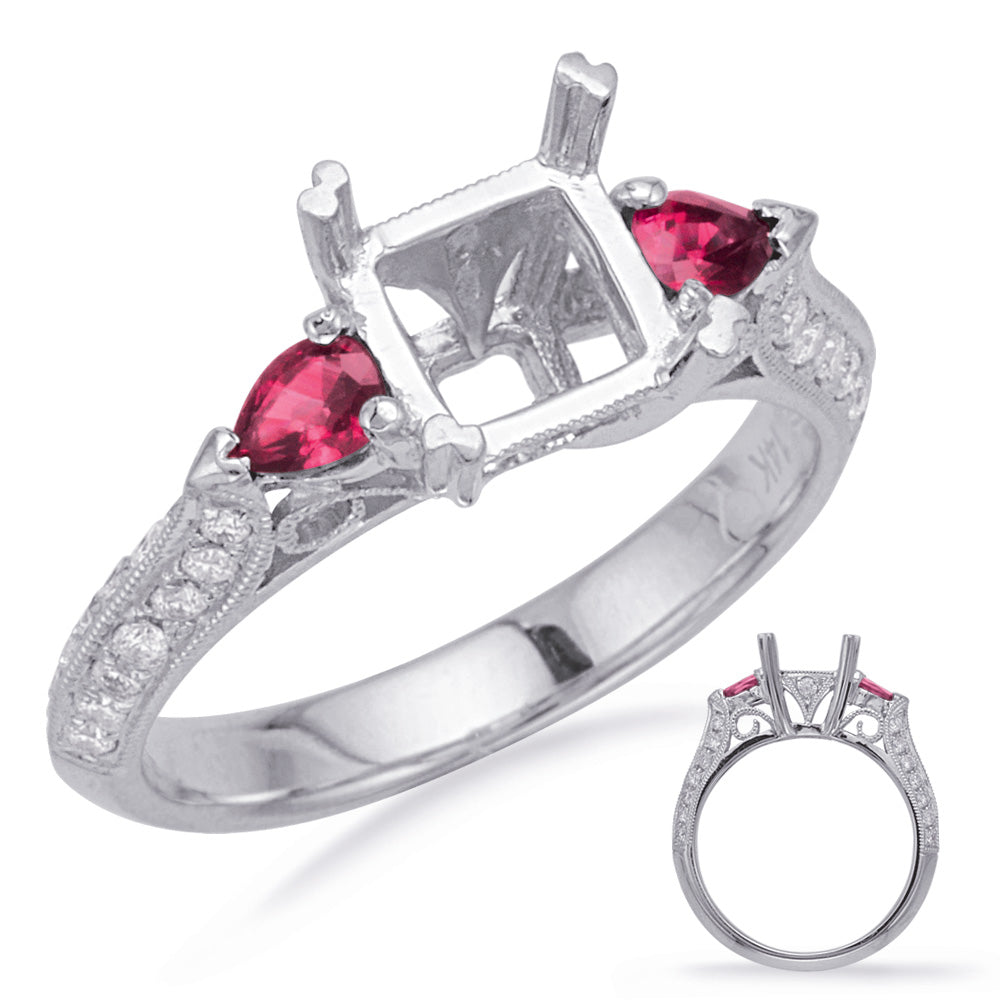 This Engagement Ring  is available in 14K White Gold. There are a total of 32 stones. There are Rounds with a total carat weight of 0.27 set in a Micro Pave|Micro Prong setting.There are Ruby stones with a total carat weight of 0.4 set in a Micro Pave|Micro Prong.