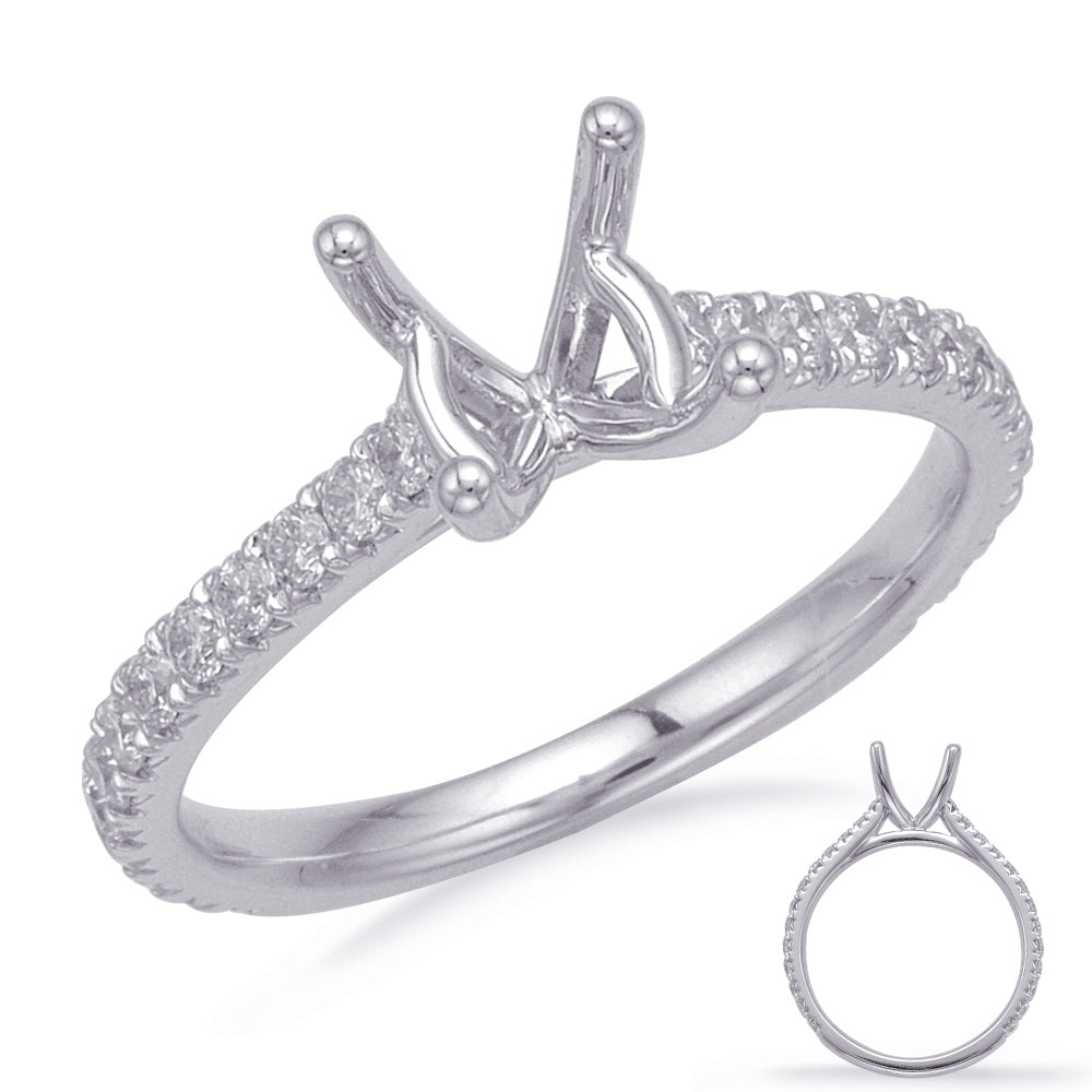 This Engagement Ring  is available in 14K White Gold. There are a total of 26 stones. There are Rounds with a total carat weight of 0.49 set in a Micro Prong|Prong Set setting.