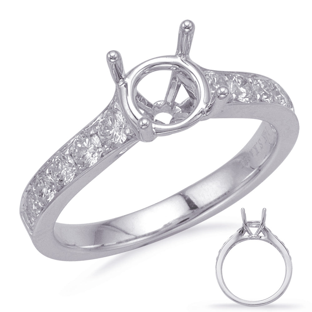 This Engagement Ring  is available in 14K White Gold. There are a total of 12 stones. There are Rounds with a total carat weight of 0.55 set in a Channel Set|Micro Prong setting.