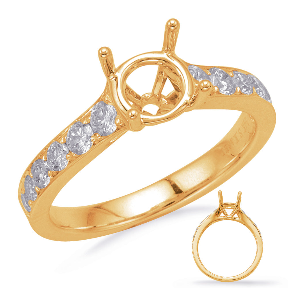 This Engagement Ring  is available in 14K Yellow Gold. There are a total of 12 stones. There are Rounds with a total carat weight of 0.55 set in a Channel Set|Micro Prong setting.