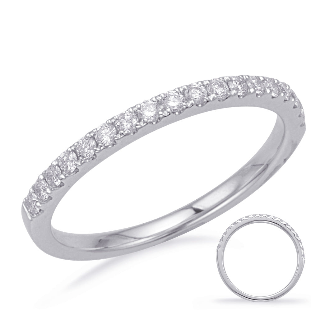 This Band is available in 14K White Gold. There are a total of 18 stones. There are Round with a total carat weight of 0.26 set in a Micro Prong setting.