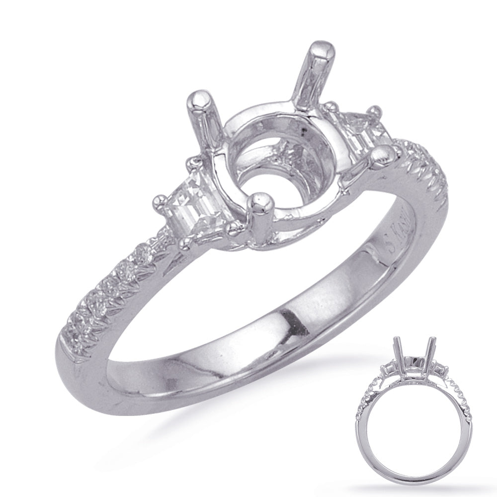 This Engagement Ring  is available in 14K White Gold. There are a total of 14 stones. There are Baguette with a total carat weight of 0.3 set in a Micro Prong|Prong Set setting.There are Rounds stones with a total carat weight of 0.06 set in a Micro Prong|Prong Set.