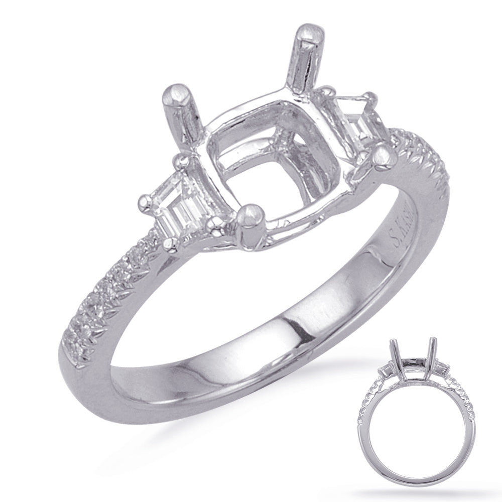 This Engagement Ring  is available in 14K White Gold. There are a total of 14 stones. There are Baguette with a total carat weight of 0.21 set in a Micro Prong|Prong Set setting.There are Rounds stones with a total carat weight of 0.07 set in a Micro Prong|Prong Set.