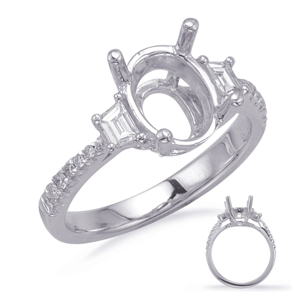 This Engagement Ring  is available in 14K White Gold. There are a total of 16 stones. There are Baguette with a total carat weight of 0.18 set in a Micro Prong|Prong Set setting.There are Rounds stones with a total carat weight of 0.09 set in a Micro Prong|Prong Set.