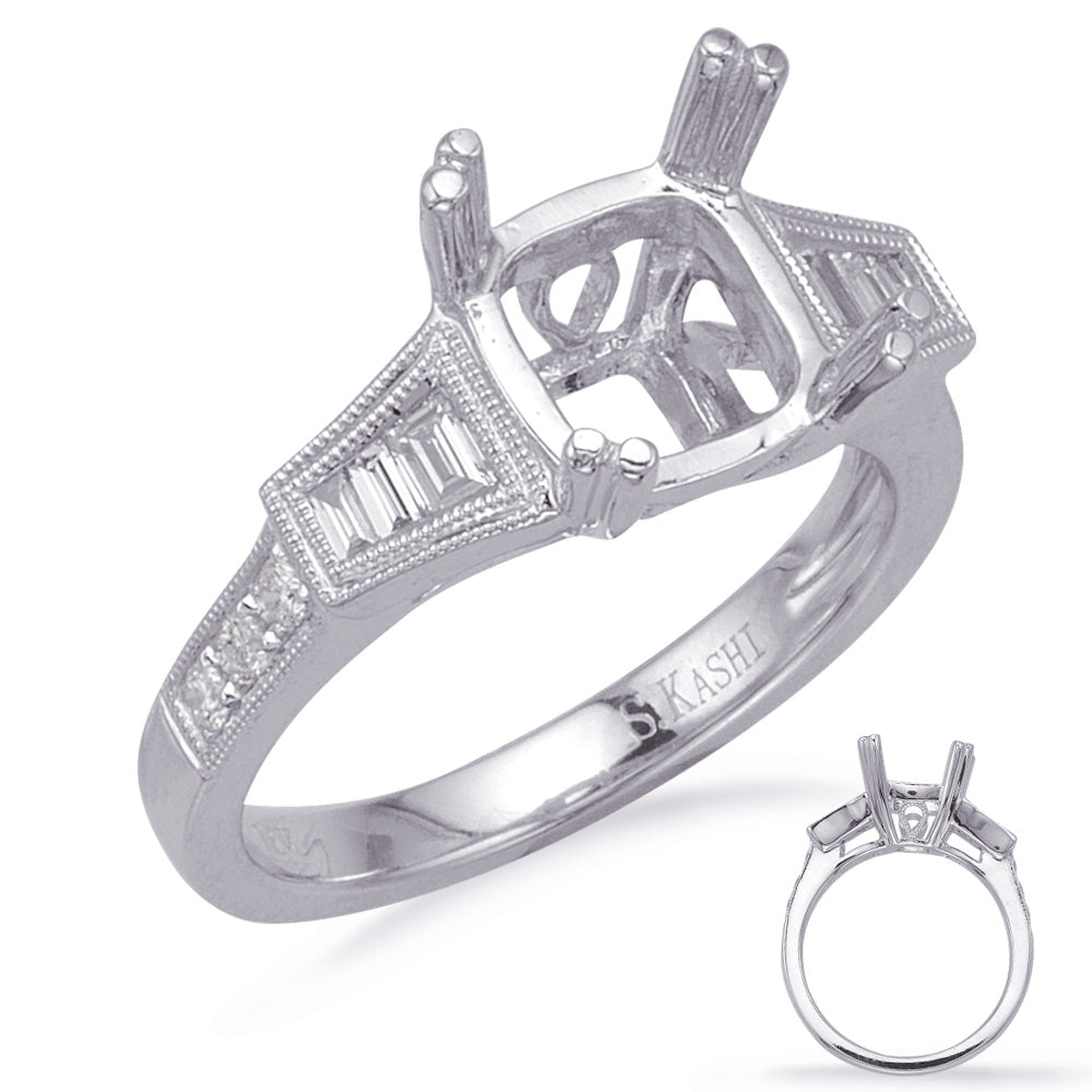 This Engagement Ring  is available in 14K White Gold. There are a total of 12 stones. There are Baguette with a total carat weight of 0.19 set in a Channel Set|Micro Prong setting.There are Rounds stones with a total carat weight of 0.1 set in a Channel Set|Micro Prong.