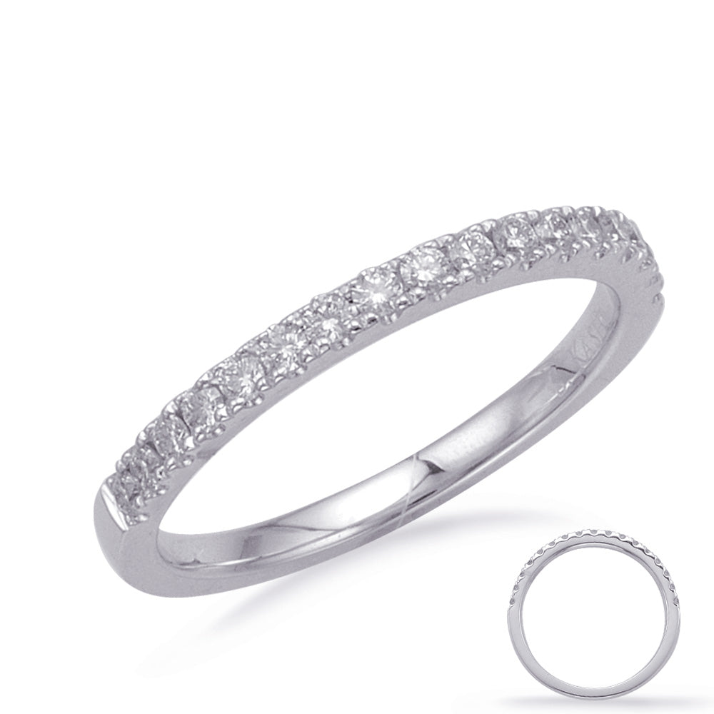 This Band is available in 14K White Gold. There are a total of 17 stones. There are Round with a total carat weight of 0.26 set in a Micro Prong setting.