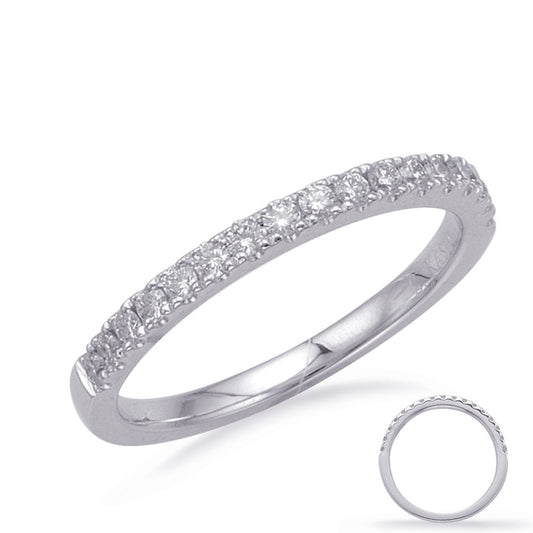 This Band is available in 14K White Gold. There are a total of 15 stones. There are Round with a total carat weight of 0.31 set in a Micro Prong setting.