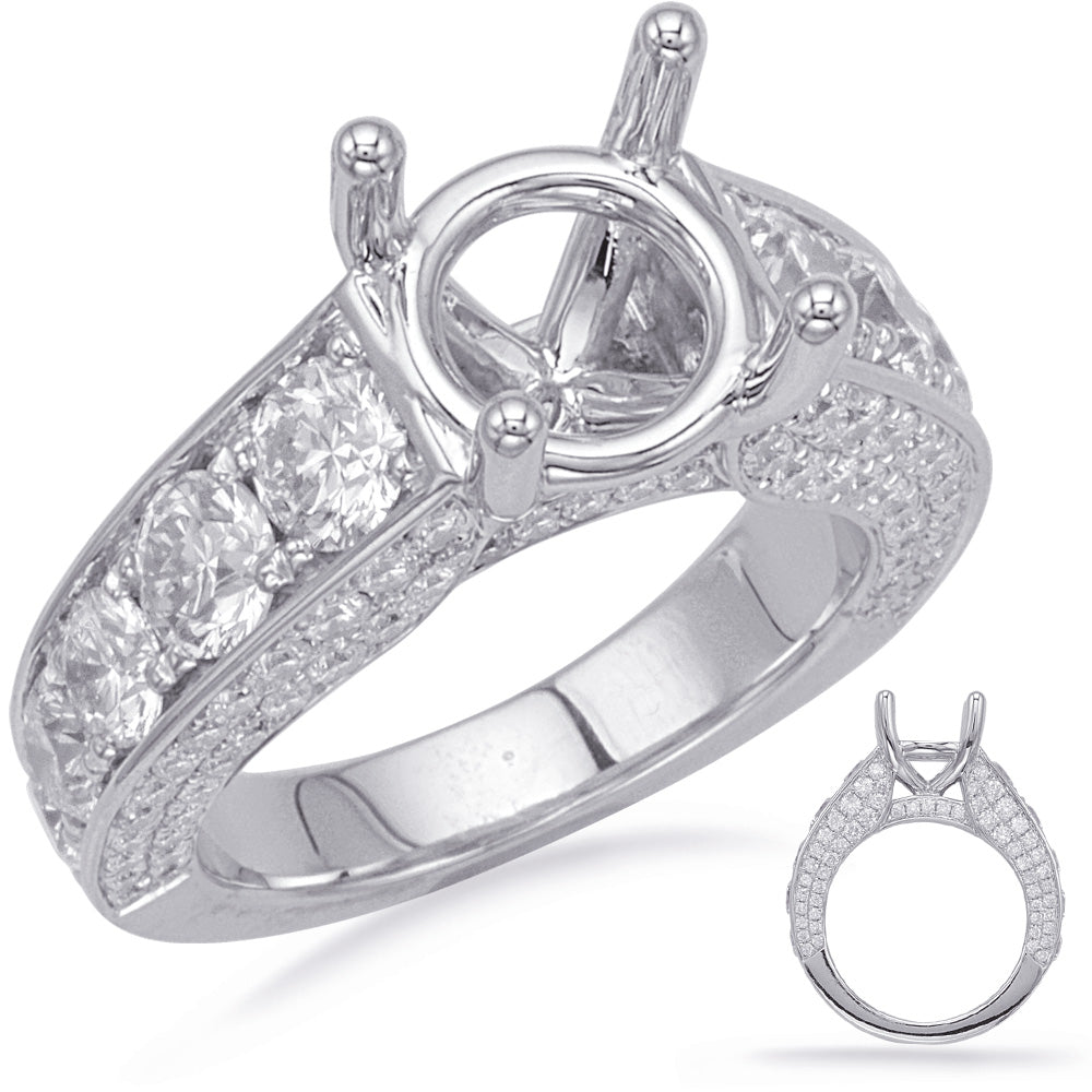 This Engagement Ring  is available in 14K White Gold. There are a total of 120 stones. There are Rounds with a total carat weight of 3.19 set in a Micro Prong|Prong Set setting.