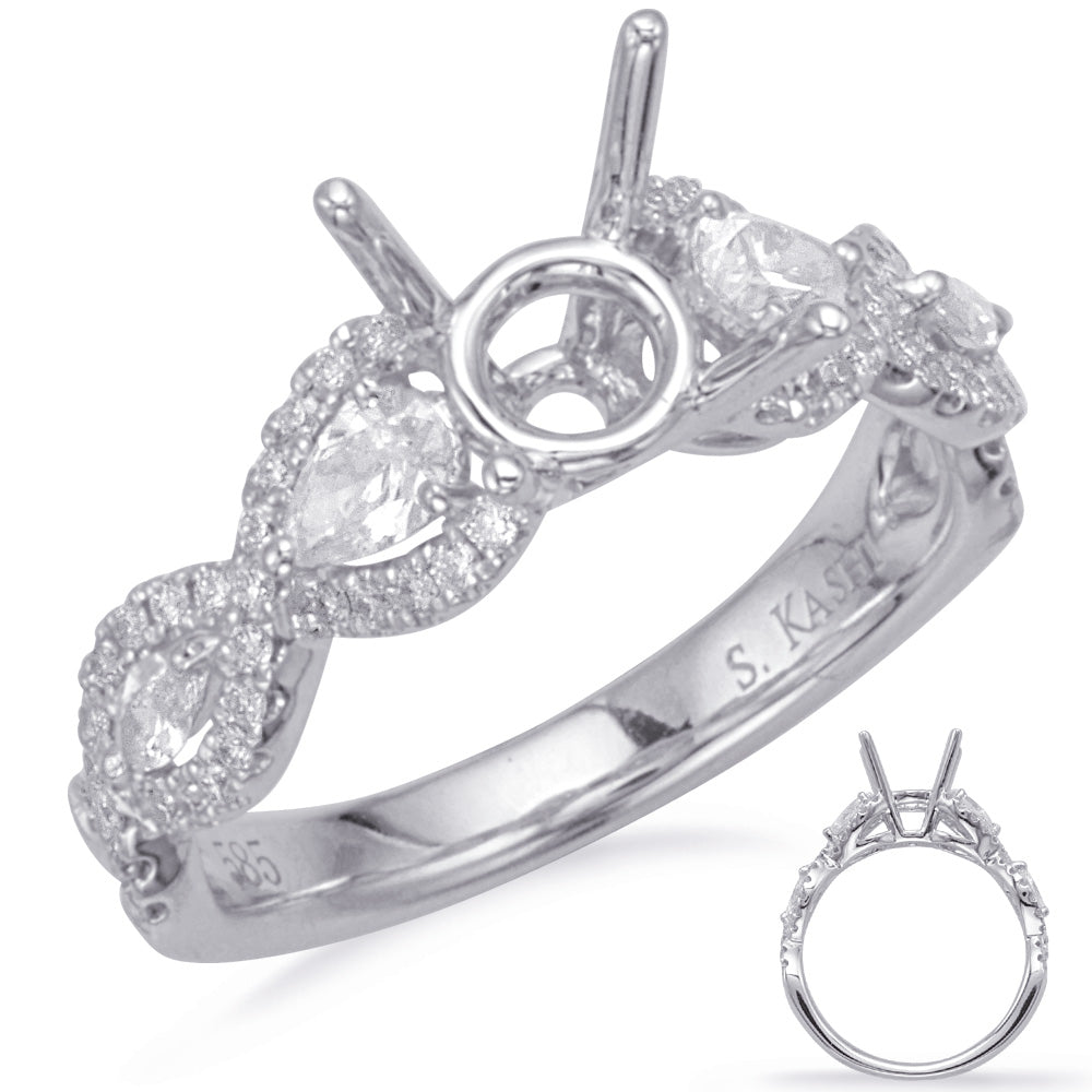This Engagement Ring  is available in 14K White Gold. There are a total of 60 stones. There are Marquise with a total carat weight of 0.11 set in a Micro Prong|Prong Set setting.There are Pear Shape stones with a total carat weight of 0.27 set in a Micro Prong|Prong Set.