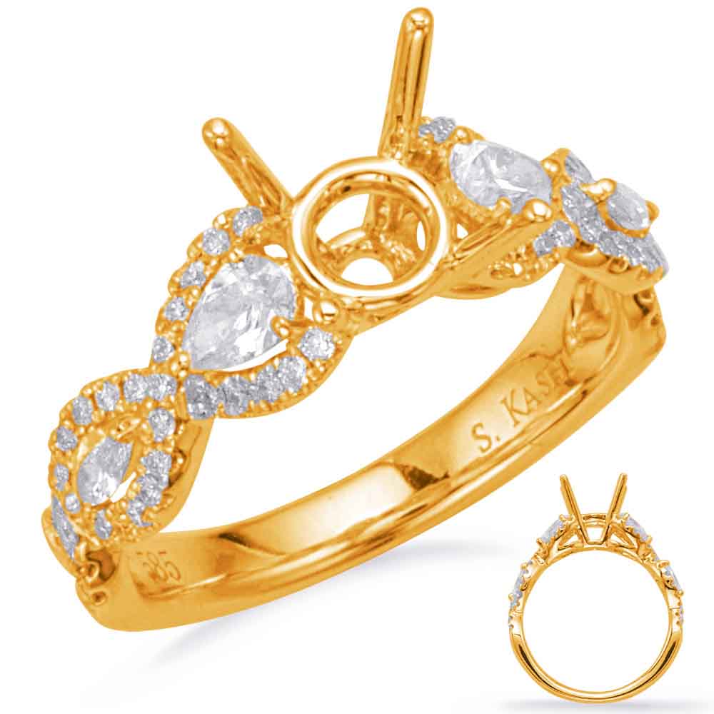 This Engagement Ring  is available in 14K Yellow Gold. There are a total of 60 stones. There are Marquise with a total carat weight of 0.11 set in a Micro Prong|Prong Set setting.There are Pear Shape stones with a total carat weight of 0.27 set in a Micro Prong|Prong Set.