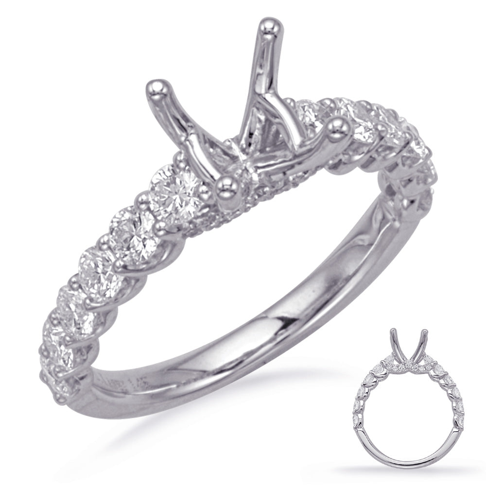This Engagement Ring  is available in 14K White Gold. There are a total of 26 stones. There are Rounds with a total carat weight of 1.01 set in a Micro Prong|Prong Set|Shared Prongs setting.