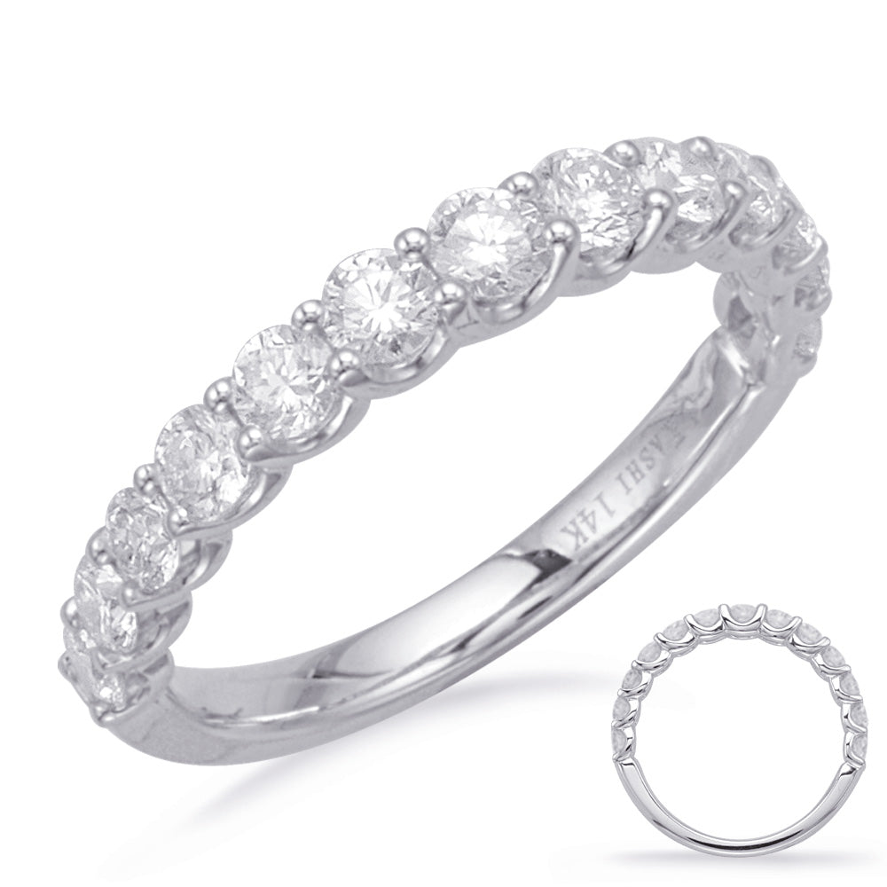 This Band is available in 14K White Gold. There are a total of 13 stones. There are Round with a total carat weight of 0.99 set in a Prong Set|Shared Prongs setting.