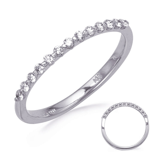 This Band is available in 14K White Gold. There are a total of 13 stones. There are Round with a total carat weight of 0.18 set in a Micro Prong setting.