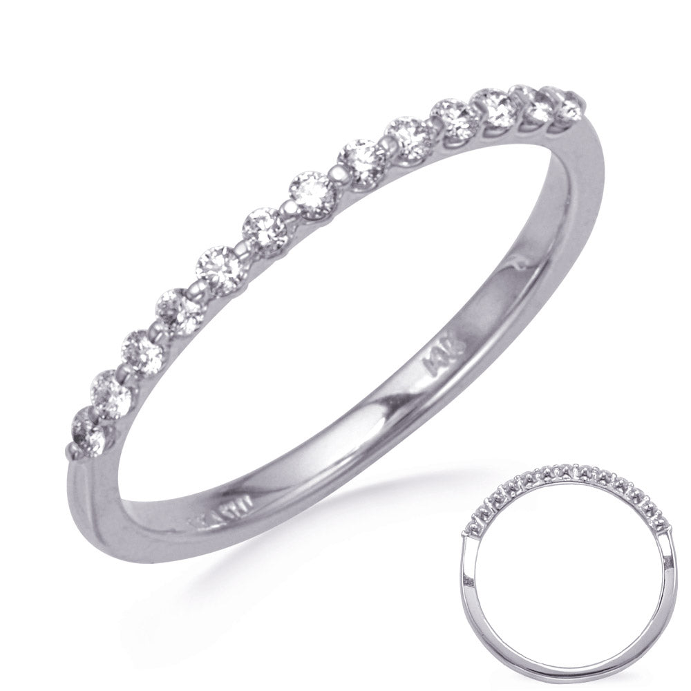 This Band is available in 14K White Gold. There are a total of 13 stones. There are Round with a total carat weight of 0.18 set in a Micro Prong setting.