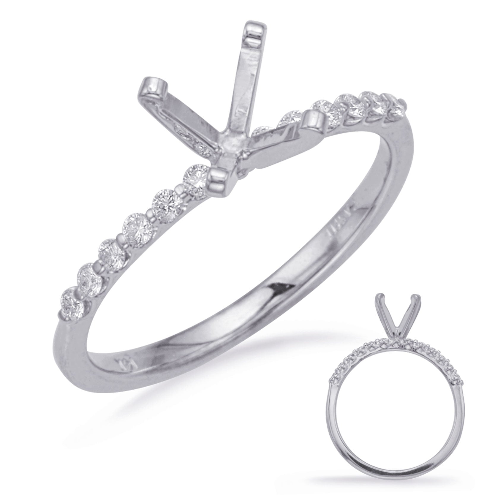 This Engagement Ring  is available in 14K White Gold. There are a total of 12 stones. There are Rounds with a total carat weight of 0.16 set in a Micro Prong setting.
