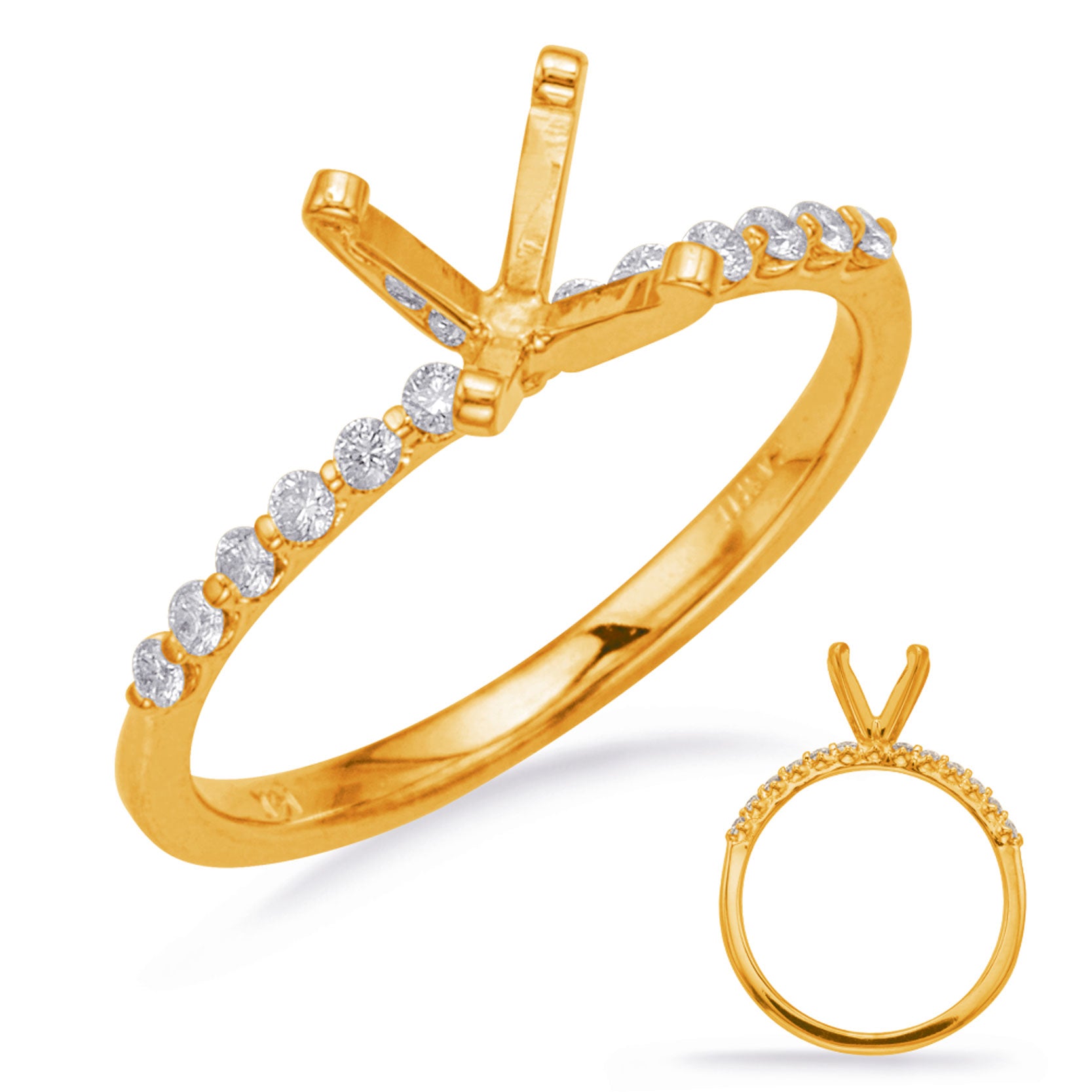 This Engagement Ring  is available in 14K Yellow Gold. There are a total of 12 stones. There are Rounds with a total carat weight of 0.16 set in a Micro Prong setting.