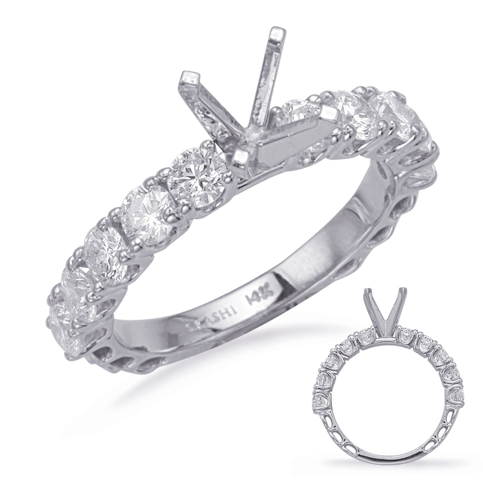 This Engagement Ring  is available in 14K White Gold. There are a total of 10 stones. There are Rounds with a total carat weight of 1.22 set in a Prong Set setting.