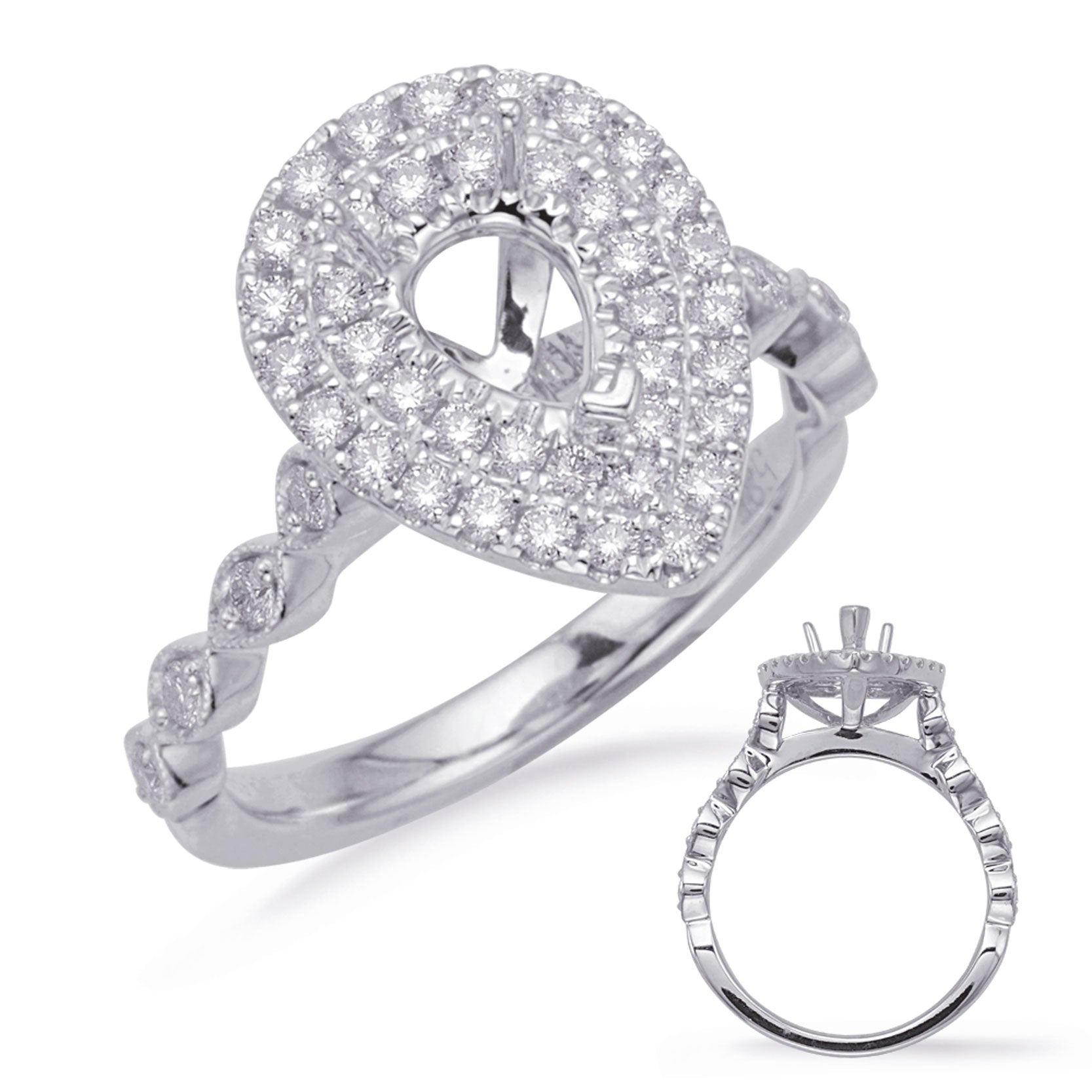 This Engagement Ring  is available in 14K White Gold. There are a total of 46 stones. There are Rounds with a total carat weight of 0.57 set in a Micro Prong|Prong Set setting.