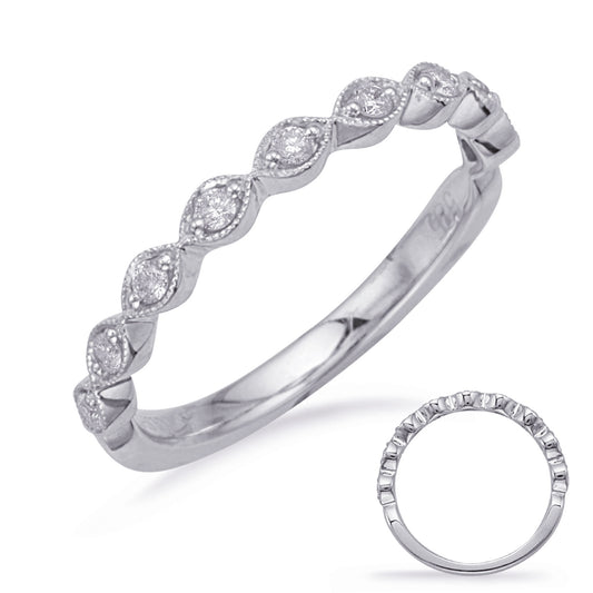 This Band is available in 14K White Gold. There are a total of 9 stones. There are Round with a total carat weight of 0.13 set in a Micro Prong setting.
