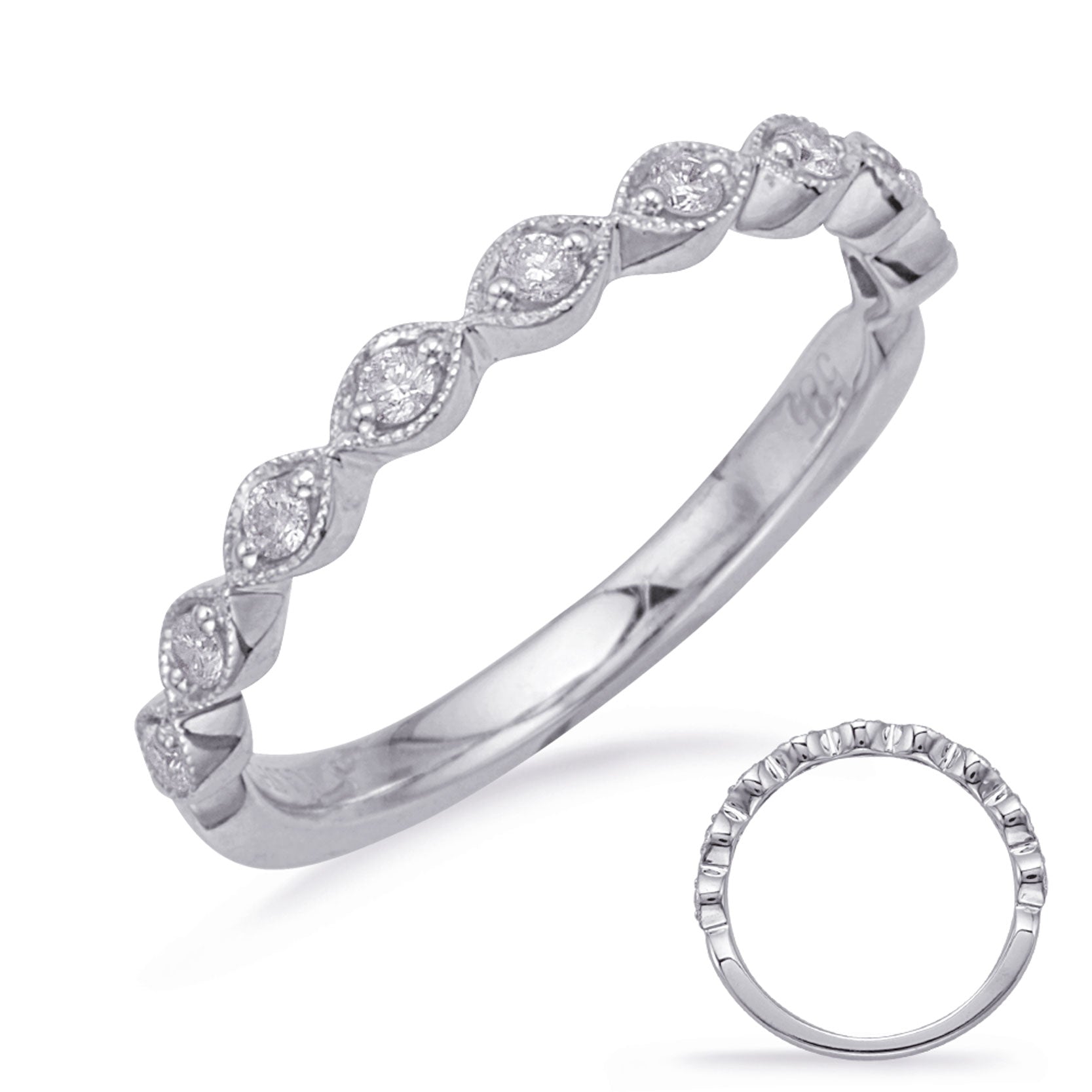This Band is available in 14K White Gold. There are a total of 9 stones. There are Round with a total carat weight of 0.15 set in a Micro Prong setting.