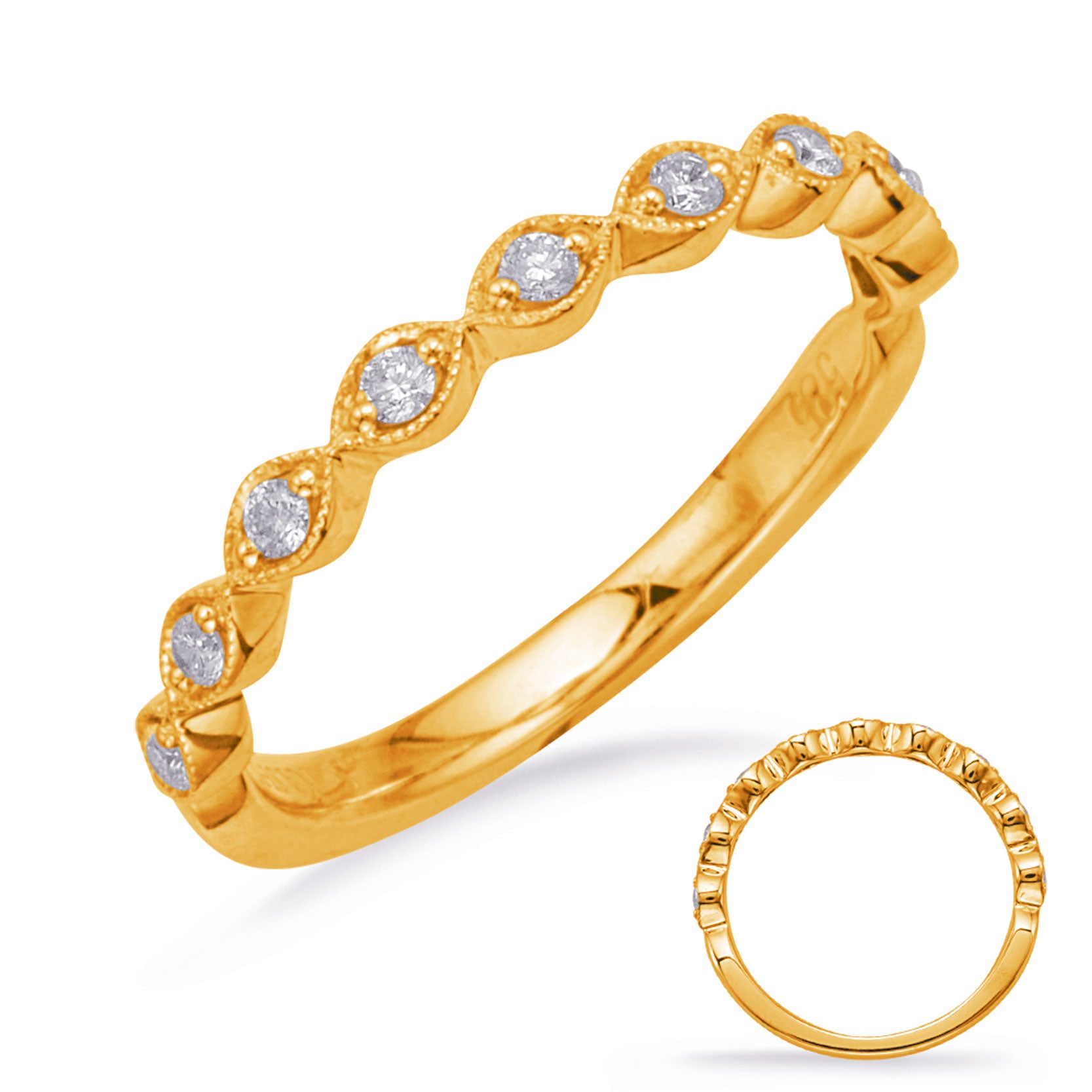 This Band is available in 14K Yellow Gold. There are a total of 9 stones. There are Round with a total carat weight of 0.17 set in a Micro Prong setting.