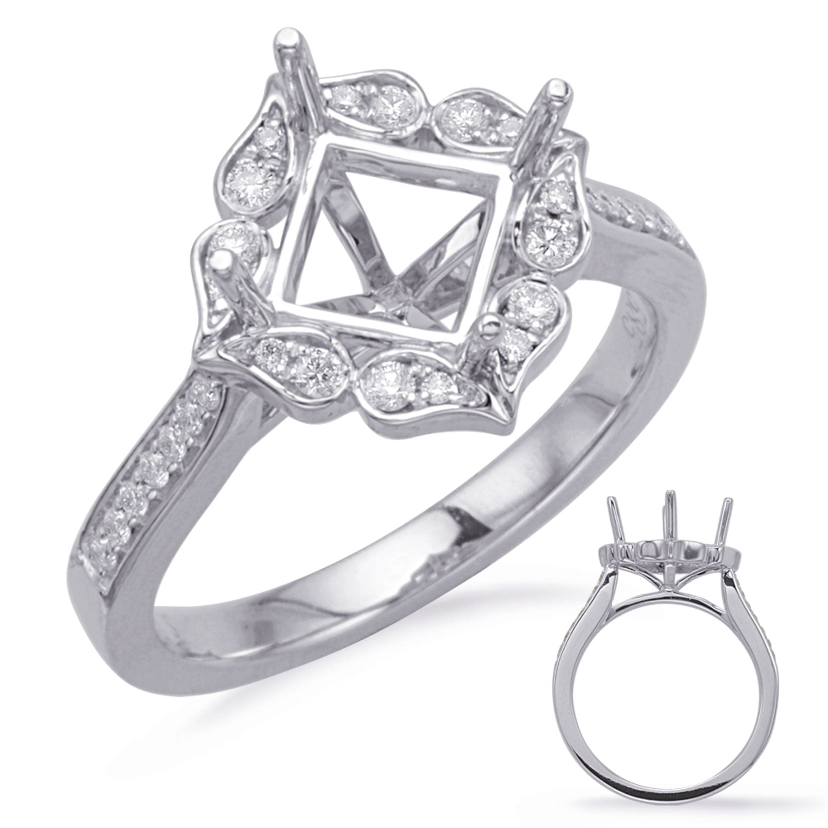 This Engagement Ring  is available in 14K White Gold. There are a total of 30 stones. There are Rounds with a total carat weight of 0.19 set in a Micro Prong setting.