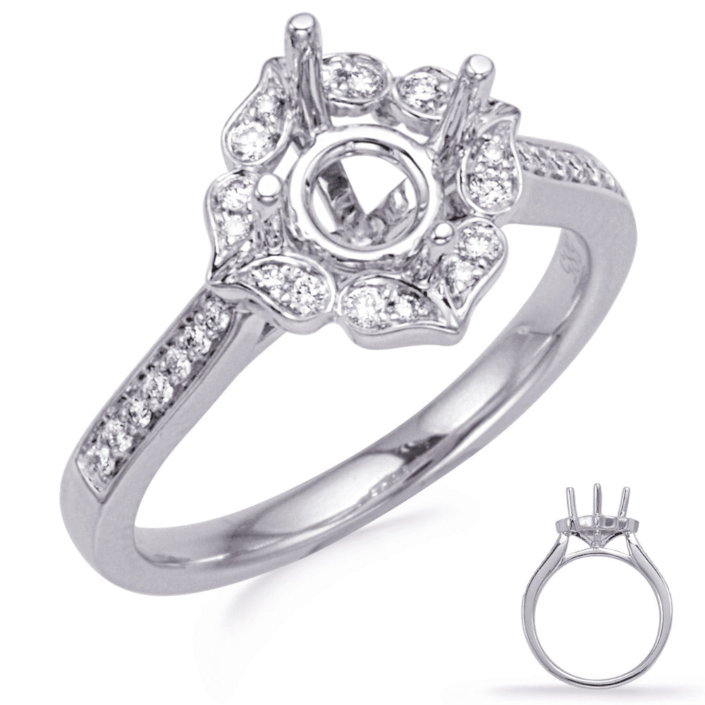 This Engagement Ring  is available in 14K White Gold. There are a total of 30 stones. There are Rounds with a total carat weight of 0.14 set in a Micro Prong setting.
