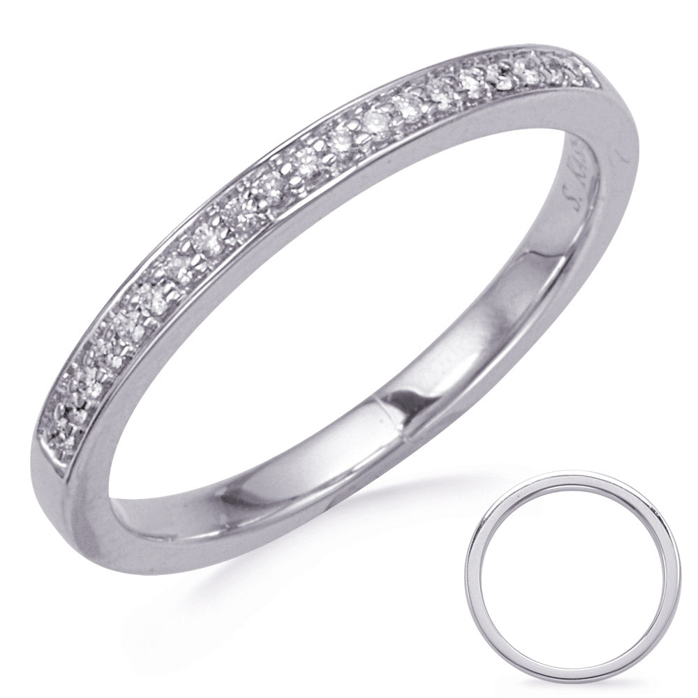 This Band is available in 14K White Gold. There are a total of 20 stones. There are Round with a total carat weight of 0.09 set in a Channel Set setting.