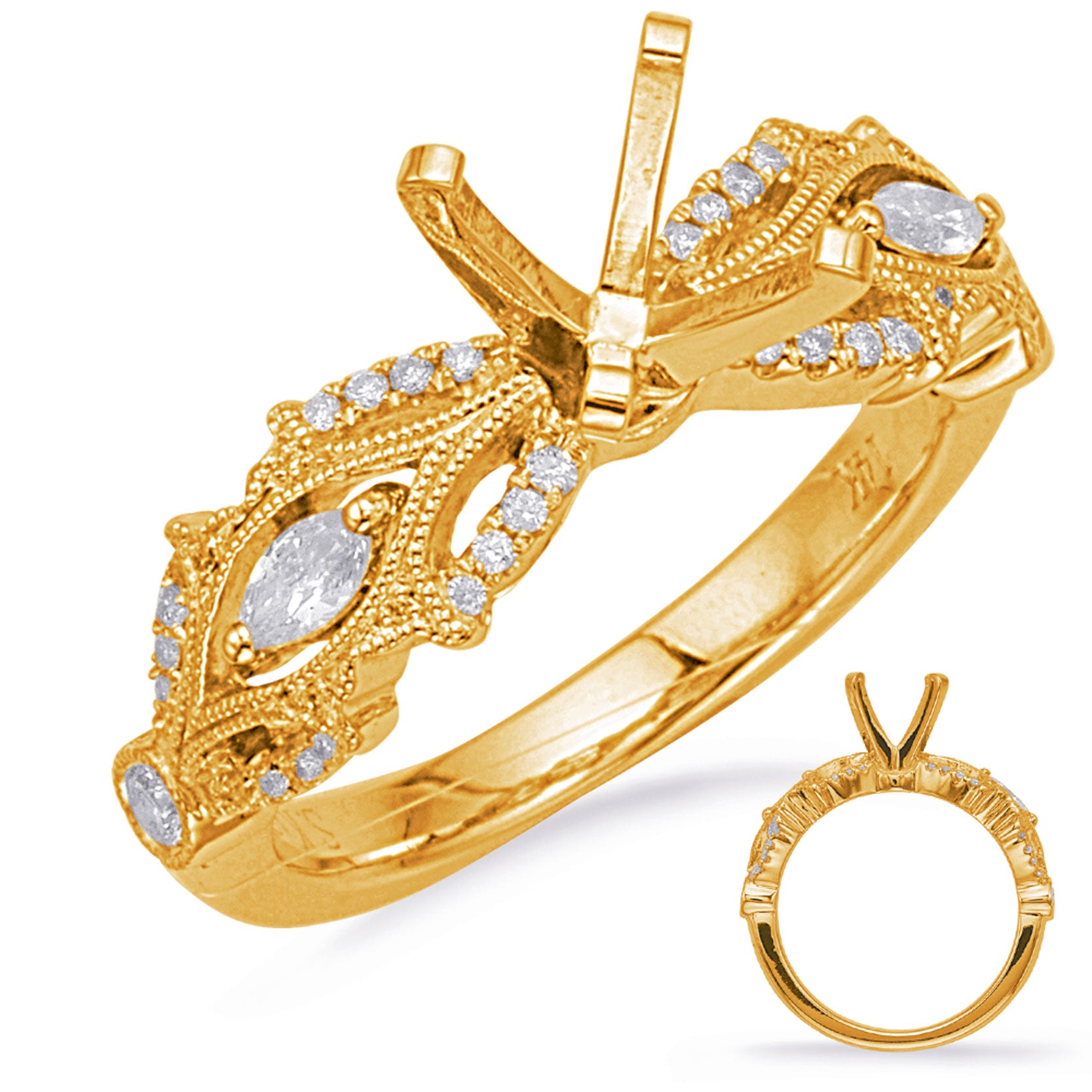 This Engagement Ring  is available in 14K Yellow Gold. There are a total of 44 stones. There are Marquise with a total carat weight of 0.16 set in a Bezel Set|Micro Prong|Prong Set setting.There are Rounds stones with a total carat weight of 0.2 set in a Bezel Set|Micro Prong|Prong Set.