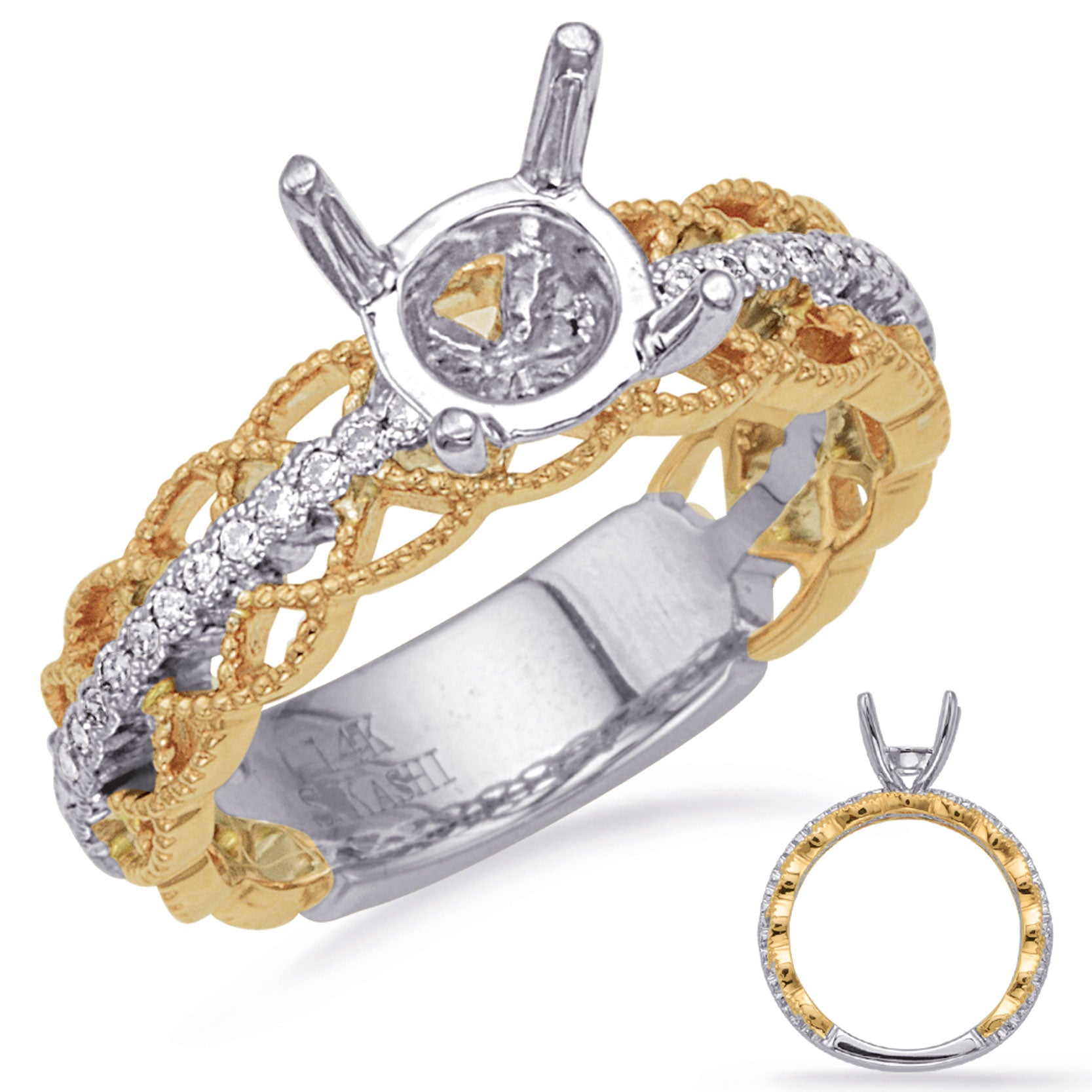 This Engagement Ring  is available in 14K Yellow & White Gold. There are a total of 24 stones. There are Rounds with a total carat weight of 0.1 set in a Micro Prong setting.