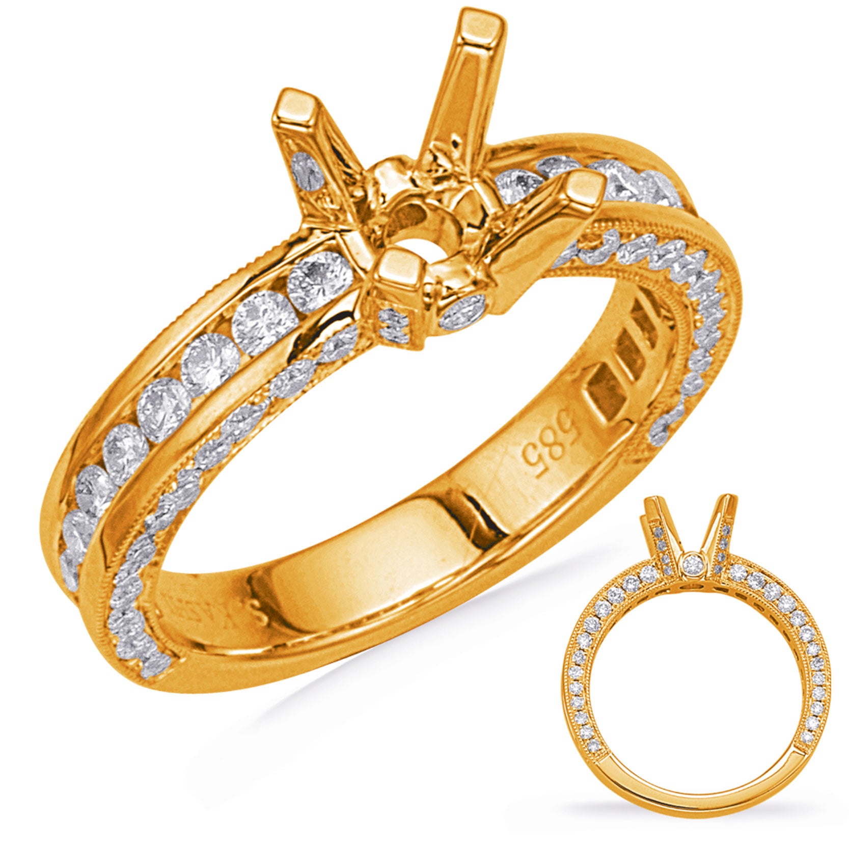 This Engagement Ring  is available in 14K Yellow Gold. There are a total of 90 stones. There are Rounds with a total carat weight of 0.95 set in a Bezel Set|Channel Set|Micro Prong setting.