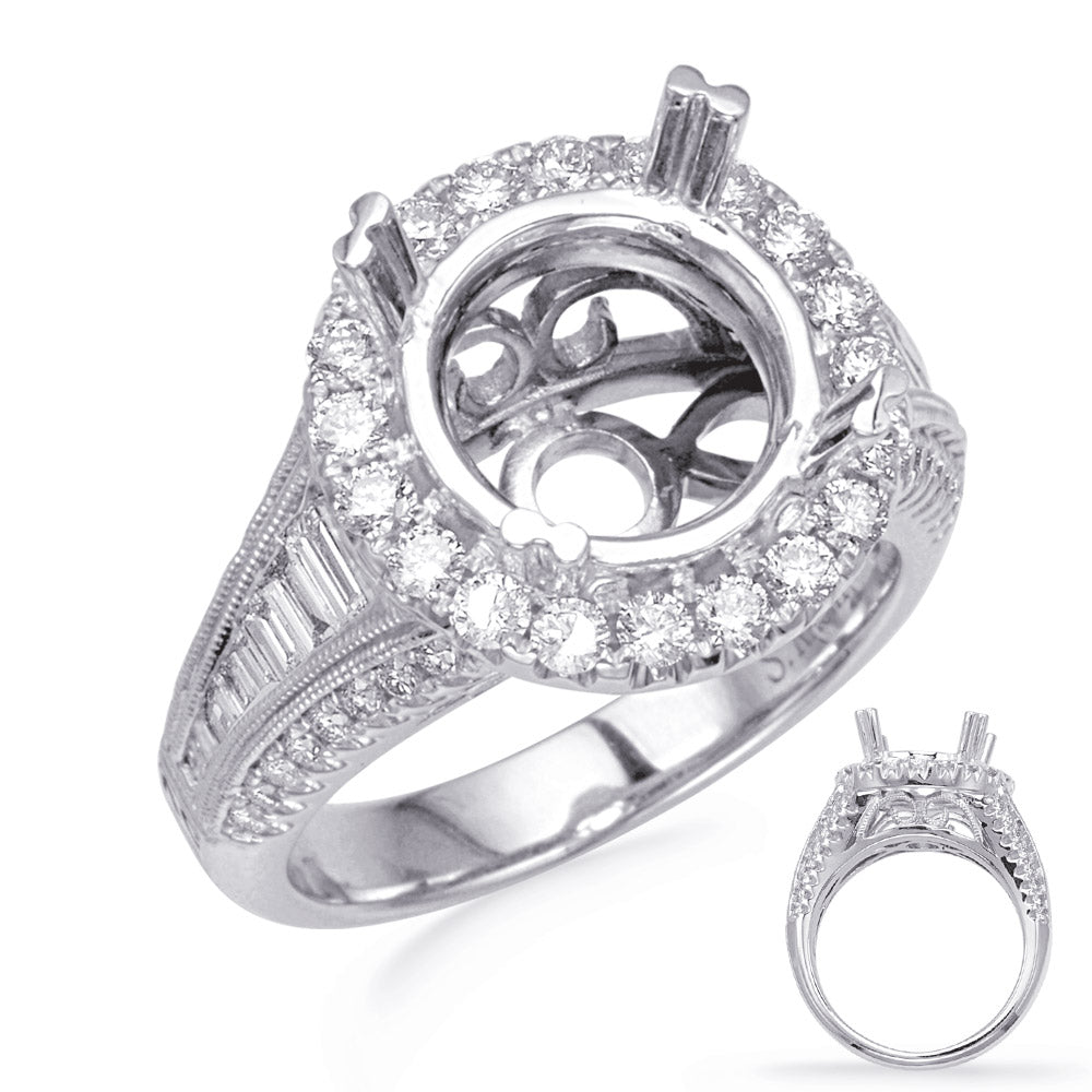 This Engagement Ring  is available in 14K White Gold. There are a total of 60 stones. There are Baguette with a total carat weight of 0.29 set in a Channel Set|Micro Prong|Prong Set setting.There are Rounds stones with a total carat weight of 0.72 set in a Channel Set|Micro Prong|Prong Set.