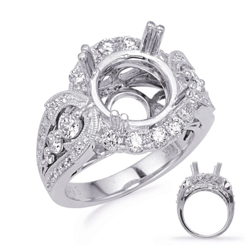This Engagement Ring  is available in 14K White Gold. There are a total of 56 stones. There are Rounds with a total carat weight of 0.67 set in a Micro Prong|Prong Set|Shared Prongs setting.